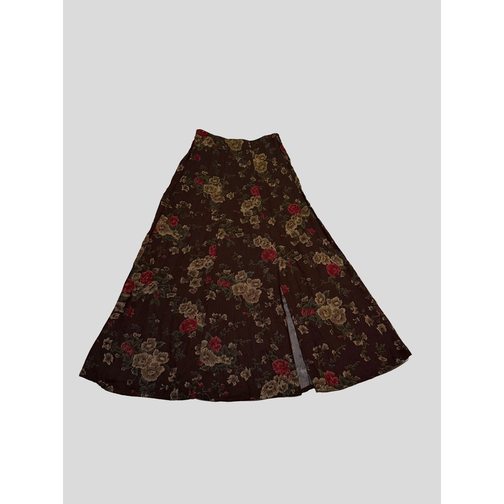 Vintage Dressbarn Floral Herringbone Maxi Skirt Brown Rayon Slit Small Vtg